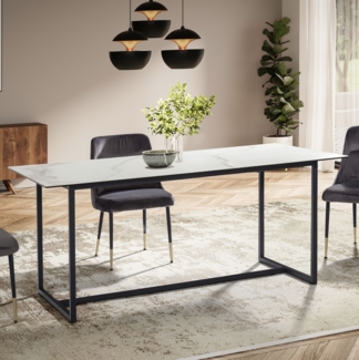 FineBuy Design Esstisch 180 x 90 cm Keramik Glas, Esszimmertisch mit Metallbeinen, Keramiktisch Weiß