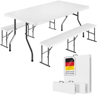STEELSØN 'Zennar' Gartenmöbel-Set für 8 Personen, Sitzgruppe aus Gartentisch und 2x Gartenbank, zusammenklappbar, weiß, wetterfest, inkl. Tragegriff 1 Stück