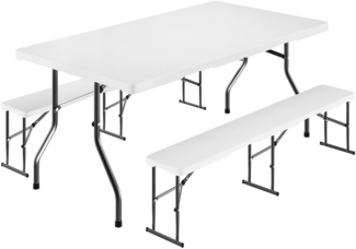 STEELSØN 'Zennar' Gartenmöbel-Set für 8 Personen, Sitzgruppe aus Gartentisch und 2x Gartenbank, zusammenklappbar, weiß, wetterfest, inkl. Tragegriff 1 Stück