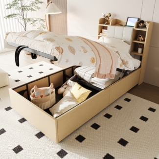 Merax Holzbett 90 x 200 cm, Einzelbett, Jugendbett, hydraulisches Bett, Kopfteil mit Stauraum, ausgestattet mit USB- und Tape-C-Steckdose, Holzfarbe