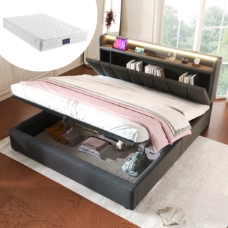 Polsterbett 140x200 cm mit Steckdosen, USB, RGBW-LED-App-Steuerung, Stauraum-Kopfteil & Bettkasten, Stoffbett Grau,inklusive Matratze