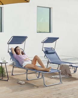 Sonnenliege, klappbarer Liegestuhl, 193 x 53 x 29 cm, max. Belastbarkeit 150 kg, mit Sonnenschutz, Kopfstütze und Verstellbarer Rückenlehne, für Garten, Pool, Terrasse, Blau, 1 Liege