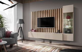 99rooms Wohnwand Vitore, (Wohnzimmer-Set, Wohnmöbel), TV-Lowboard, Vitrine, Paneel mit Lamellen, hängend, LED-Beleuchtung