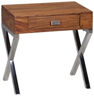 Nachttisch GUNA Massiv-Holz Sheesham Nacht-Kommode 45 cm 1 Schublade mit Metallbeine Nachtschrank Landhaus-Stil Echt-Holz Nachtkästchen dunkel-braun Nacht-Konsole Natur-Produkt Schlafzimmer-Möbel