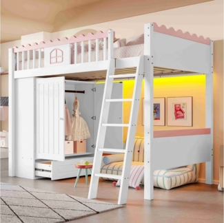 BlingBin Hochbett (1-St, 90x200 cm, Für Mädchen geeignet) mit LED, Kleiderschrank und Schubladen, Kiefer Weiß/Rosa