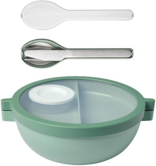 Mepal - Meal Prep Boxen Vita Set - Bento Schüssel + 3-teiliges Besteck-Set Ellipse - Brotdose mit Fächern - Extra Fach mit Deckel, Dressing-Deckel & Tablett - Bentobox - 1500 ml - Nordic Sage