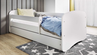 Bjird Kinderbett Jugenbett Weiß 140x70 160x80 180x80 (Einzelbett optional mit Matratze), inklusive Schublade und verstellbaren Rausfallschutz