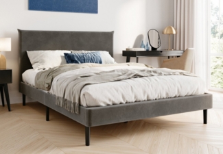 Home Collective Polsterbett 140x200 und 160x200 cm mit Lattenrost und weichem Bezug, Bettgestell (Doppelbett mit gepolstertem Kopfteil, robustes Gestell, hoher Liegekomfort), 140x200 cm, Grau, Samtbezug