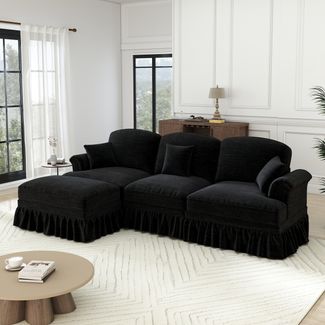 Flieks 3-Sitzer Ecksofa, Modular L-Sofa mit 3 Kissen & 1 Ottoman, abnehmbarer Volant, Flared-Armlehnen & Holzbeinen, Chenille, Schwarz