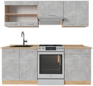 Küchenzeile R-Line Beton/Goldkraft Eiche 200 cm ohne Arbeitsplatte Vicco