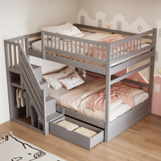 Merax Massivholz-Etagenbett 140*200cm, Kinderbett, Doppelbett, Mit Hohem Sicherheitsgitter, Mit Lattenrost, Sicherheitsleiter mit Stauraum, Mit Stauschubladen, Grau
