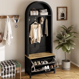 Merax Multifunktionaler Garderobenschrank mit Schuhregal, Ablage & Haken – Hall Tree für Eingangsbereich, langlebiger MDF Korpus, stabile Eisenfüße, Schwarz