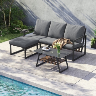 OKWISH Gartenlounge-Set Gartenmöbel-Set, Eckgarnitur, (Outdoor-Sofa-Set, Balkonset, Gartensofa, 3-tlg), verzinktes Stahlrohr, Glastischplatte, für Außenbereiche