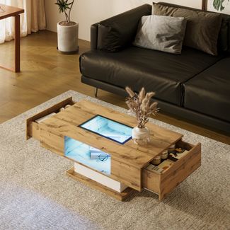Couchtisch mit LED Beleuchtung, Wohnzimmertisch mit Glasplatte, 2 Schubladen und offenem Fach