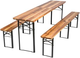 tectake Bierzeltgarnitur, 3-tlg., 1x Tisch, 2x Bank, klappbar, natur Holz, Tisch 219 x 50,5 x 77,5 cm, Bank 219 x 25 x 47,5 cm