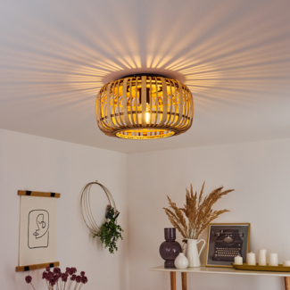 hofstein Deckenleuchte »Padra« runde Deckenlampe aus Metall in schwarz und Holz in hellbraun, ohne Leuchtmittel, Vintage/Boho Look Zimmerlampe, 1xE27