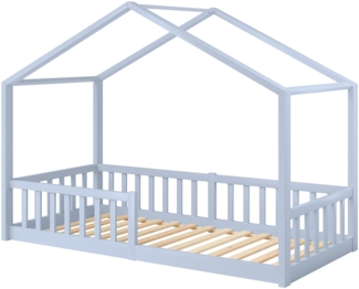 Bellabino 'Bia' Hausbett 90x200 cm mit Matratze, blau, Kiefer Massivholz, Bodenbett in Hausoptik, Montessori Kinderbett mit Rausfallschutz und Lattenrost