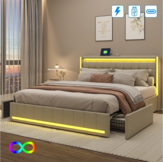PXloue Polsterbett LED Doppelbett 140x200 cm (Inklusive USB-Typ-C-Ladeanschluss), Stauraumbett,mit Bettrahmen und 4 Schubladen,160x200 cm,Leinen