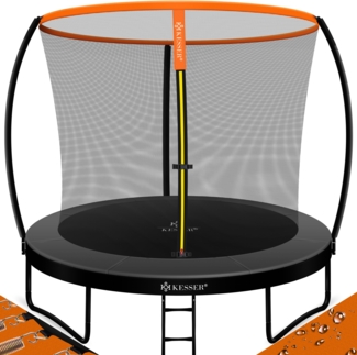 KESSER® Trampolin Gartentrampolin | TÜV Rheinland GS Zertifiziert | Kindertrampolin bis 150 kg | Komplettset mit Sicherheitsnetz, Leiter, Randabdeckung, Seitentasche & Zubehör 244 cm, Orange / Anthrazit