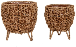 Macosa Home Pflanzschale Pflanztopf 2er Set Braun Naturfasern Pflanzgefäß mit Standfüßen (Naturfaserkorb Korbset Pflanztopfset, modern Blumengefäße Kräutertopf), Dekotopf Topf Indoor Blumentopf Dekotopf Gefäß