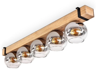hofstein Deckenleuchte Deckenlampe aus Metall/Holz/Glas in Schwarz/Natur/Chromfarben/Klar, ohne Leuchtmittel, Holzbalken und Glasschrimen Ø15cm, 5x E27, ohne Leuchtmittel
