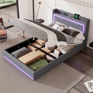 HAUSS SPOLE Polsterbett 140x200cm mit Ambientelicht App verstellbar, USB-Anschluss Grau (Bett kann angehoben und abgesenkt werden, großer Stauraum), USB-Anschluss am Kopfende des Bettes