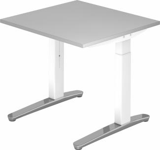 bümö® Design Schreibtisch XB-Serie höhenverstellbar, Tischplatte 80 x 80 cm in grau, Gestell in weiß/alu poliert