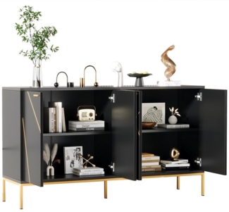 OKWISH Sideboard Anrichte,Modernes Küchenschrank (Eleganter Sideboard mit 4 Türen, flexiblen Regalen & stabilen Metallfüßen – TV- oder Kleiderschrank im minimalistischen Design, Schwarz-Gold, 150x40x80 cm, für Wohnzimmer, Schlafzimmer & Flur, 1 St), mi...