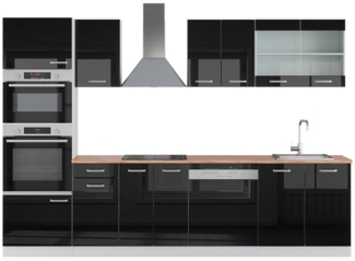 Küchenzeile R-Line Schwarz Hochglanz/Weiß 300 cm mit Hochschrank, AP Eiche Vicco