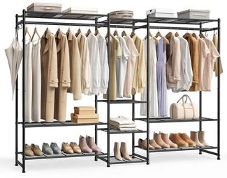 Garderobenständer mit Metallrahmen, offener Kleiderschrank, 10 Ablagen, 3 Kleiderstangen, schwarz