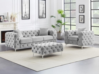 Vente-unique - Chesterfield-Sofa 3-Sitzer, Chesterfield-Sessel & Chesterfield-Hocker - Samt - Hellgrau - EDWINA