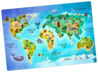 Tischsetmacher Platzset Tischset, Platzset abwaschbar - für Kinder - Weltkarte mit Tieren, (aus erstklassigem Vinyl (Kunststoff - BPA-frei) - in deutsch, 1-St, 44 x 32 cm - rutschfeste Tischdekoration), Made in Germany