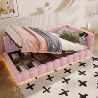 Merax Daybett, Kinderbett, Einzelbett, 90*200cm Tagesbett, Schlafsofa, Bett mit Lattenrost (ohne Matratze), mit LED-Lichtleiste, mit hydraulischem Hebemechanismus, USB-Anschluss, Typ-C, Vliesimitat, Rosa