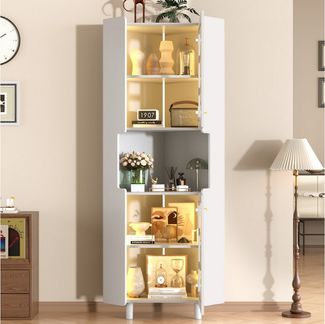 BlingBin Eckschrank Badezimmerschrank Mehrzweckschrank Hochschrank (mit Lackschicht, LED-Beleuchtung und 2 Glastüren, 1-St, 63.5 × 45 × 157.5 cm, MDF-Platte) für Wohnzimmer, Bücherregal, Badezimmer, Schlafzimmer, Esszimmer