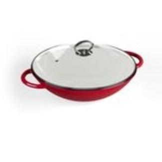 Klarstein Wok Jersey Red Cast Iron Enamel Wok, Gusseisen, Emaille und Edelstahl (Set, Wok 37 cm diameter), Wok Kochen ofenfest induktion Gas Elektro Gusseisen