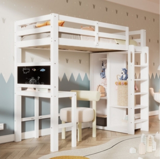 TavilaEcon Hochbett Kinderbett mit Schreibtisch, offenem Kleiderschrank und Regalen mit Lattenrost und Rausfallschutz, 90×200cm, Weiß