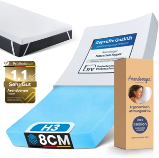 Arensberger Matratzen Topper PREMIUM, 180x200cm, Gelschaum Matratzentopper, waschbarer Bezug, geeignet für Federkern & Schaumstoff Matratzen, Höhe 8cm