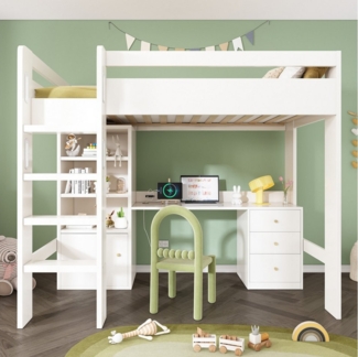 Ulife Hochbett Kinderbtt mit USB-C Schreibtisch, Kleiderschrank und Aktenschrank Jugendbett Einzelbett mit Treppe und Lattenrost, 90x200cm