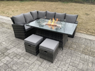 Fimous Hoher Rücken Rattan Gartenmöbel-Sets Gas Feuertisch Set Gasheizung Links Ecksofa Kleiner Hockern 8 Sitzer