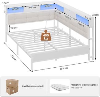 MSMASK Daybett Polsterbett Jugendbett mit LED-Beleuchtung und USB-Ladestation, Bettgestell mit Lattenrost aus Metall, 140 x 200 cm