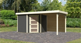 Gartenhaus Schwandorf 5, 242x246 cm inkl. Anbaudach 2,40 m mit Rückwand, 19 mm Holz terragrau, Karibu