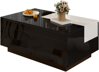 Couchtisch, Hochglanz mit LED-Beleuchtung, Ausziehbare schwarz-weiße Tischplatte, Versteckter Stauraum, MDF, Schwarz + Weiß