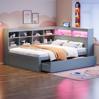 Merax Doppelbett Daybett Massivholzsofa 140*200cm, mit Schubladen, mit USB-Steckdose und LED-Lichtleiste, multifunktionales Doppel-Holzbett, Grau