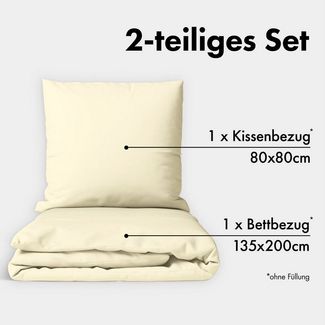 JACOBSON Bettwäsche 135x200 Set - 100% Baumwolle Bettbezug 135x200 cm + 1 Kissenbezug 80x80 cm, Perkal Bettwäsche 2-teilig mit Reißverschluss (135x200 cm, Natur, 2-teilig)