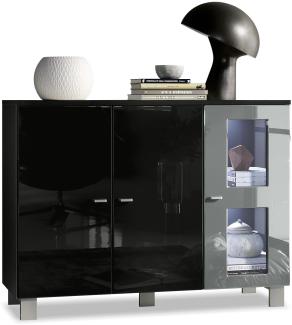 Vladon Sideboard Denjo, Kommode mit 3 Türen, Schwarz matt/Schwarz Hochglanz/Grau Hochglanz, inkl. LED-Beleuchtung (107 x 81 x 35 cm)