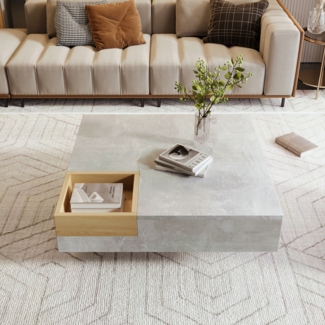 LVHOM Couchtisch mit herausnehmbaren Holzbox, Beistelltisch Betonoptik, Wohnzimmertisch Indutrial Kaffeetisch, 72x72x30cm, Grau