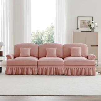 Elegantes Mid-Century 3-Sitzer Sofa, Chenille, Trichter-Armlehnen, abnehmbare Rüschenschürze, spindelförmige Beine, komfortables Sofa fürs Wohnzimmer, rosa