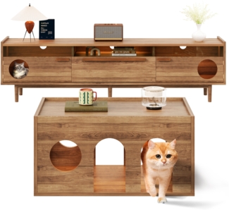 Merax Möbel-Set TV-Schrank + Couchtisch, Wohnzimmer-Kombinationsmöbel-Set, 2-teiliges TV-Schrank-Set, LED-TV-Schrank, Haustier-Möbel, TV-Schrank mit Katzenkorb, Nussbaum