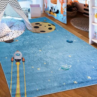 Mazovia Kinderteppich Kinderteppich Kinderzimmerteppich Planeten Weltraum, 80x150 cm, Kurflor, Waschbar in Waschmaschine, Höhe 5 mm, Rutschfest