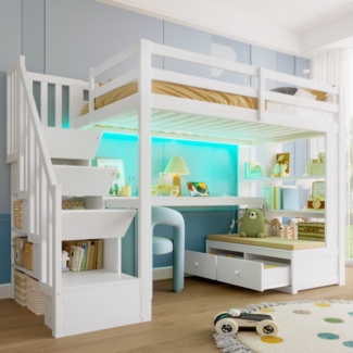 Flieks Hochbett Kinderbett 90x200cm mit LED, Stauraumtreppe, Schreibtisch, Schubladen